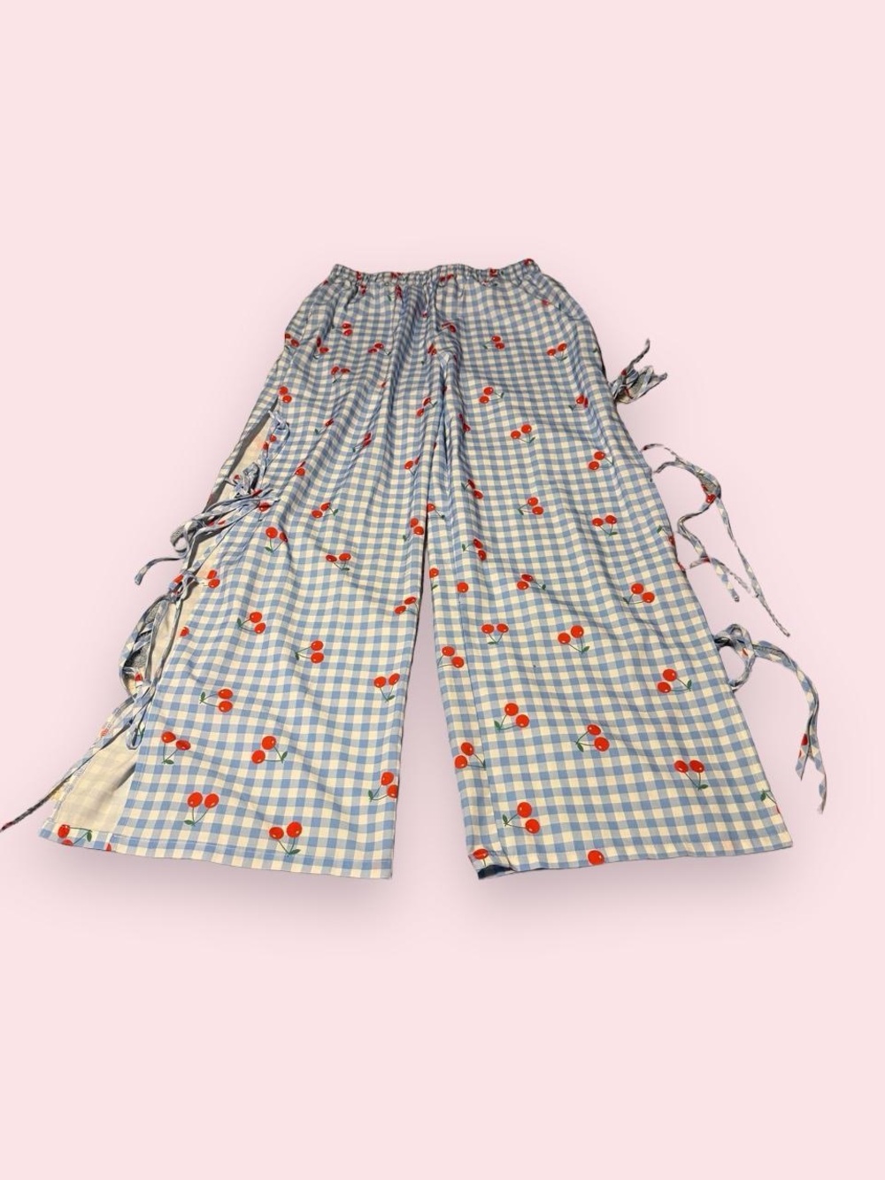 SHEIN Blue Gingham Wide-Leg Pants with Cherry Print - ties on each side